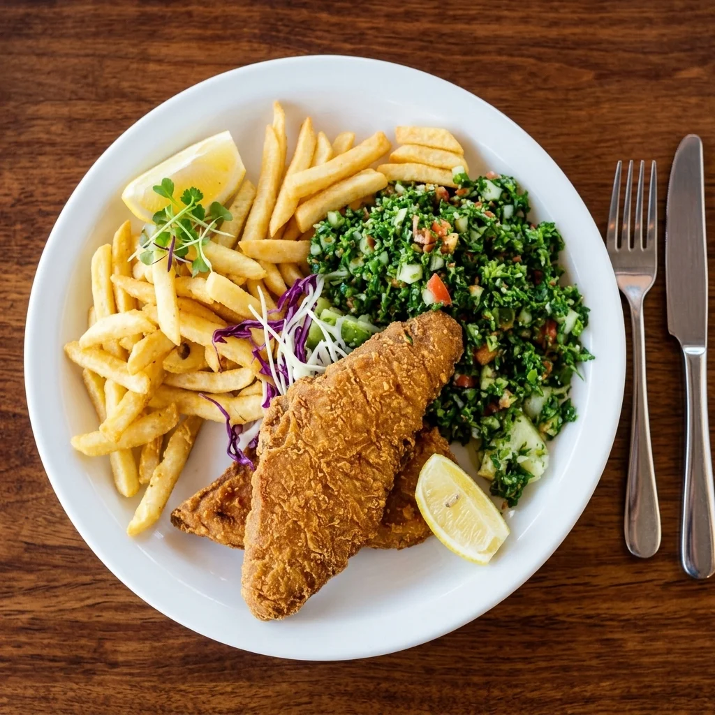 Montfort fish and chips - battered haddock with chips and Montfort Garden Salad at our Mediterranean restaurant in Ancaster